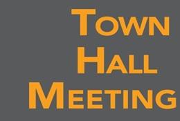 Graphic with text "Town Hall Meeting"