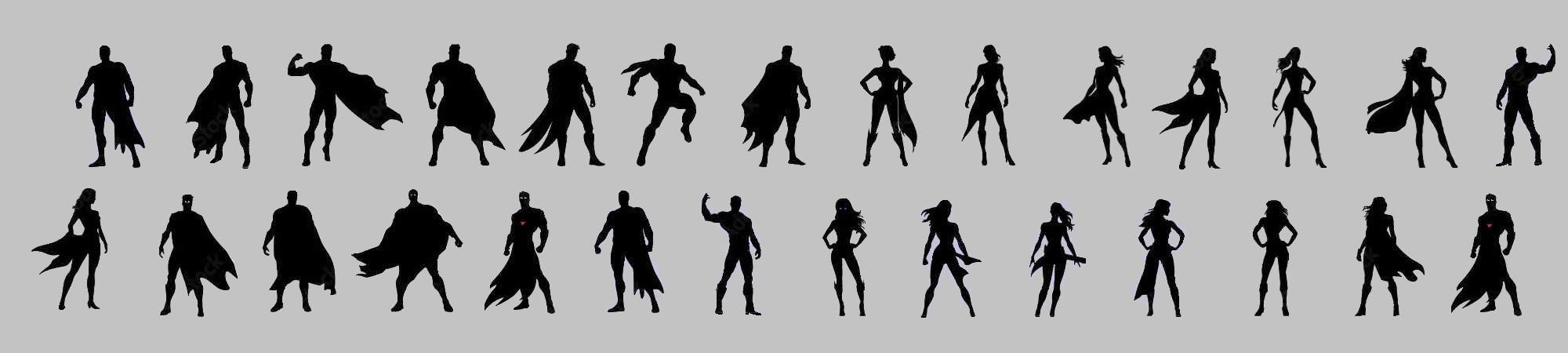 28 black silhouettes of superhuman men and women on gray.