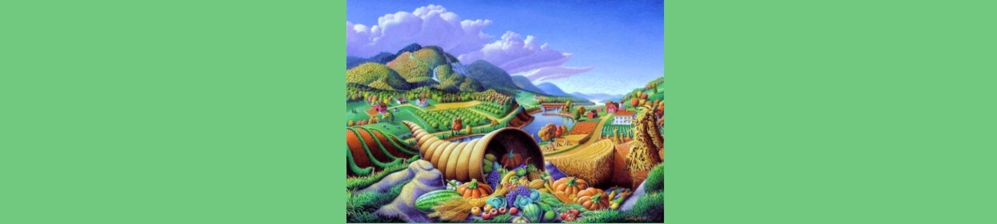 Artistic image evoking a cornucopia producing farm crops. 