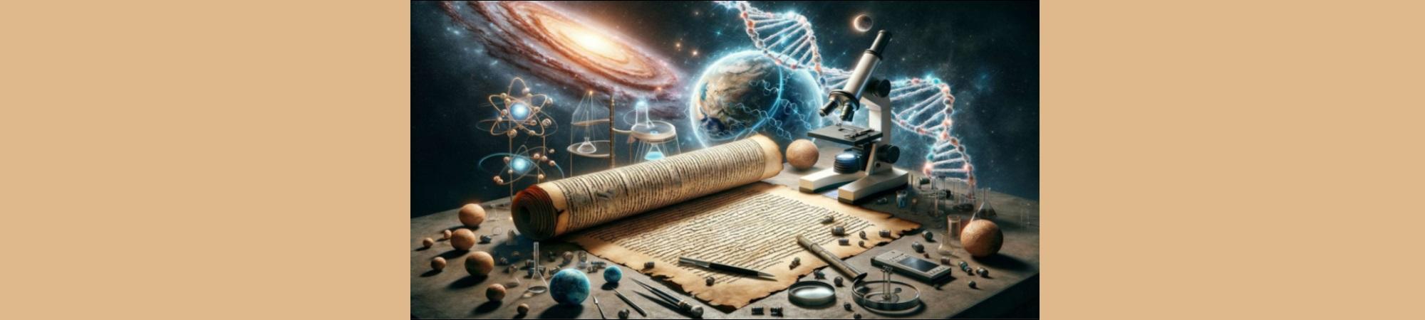 Complex artistic image with microscope, Bible, planets galaxies, DNA, more.