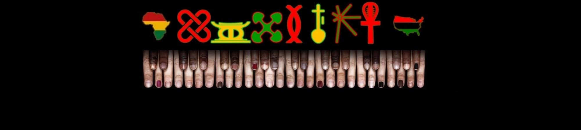 Kwanzaa symbols and a piano keyboard consisting of black and white fingers.