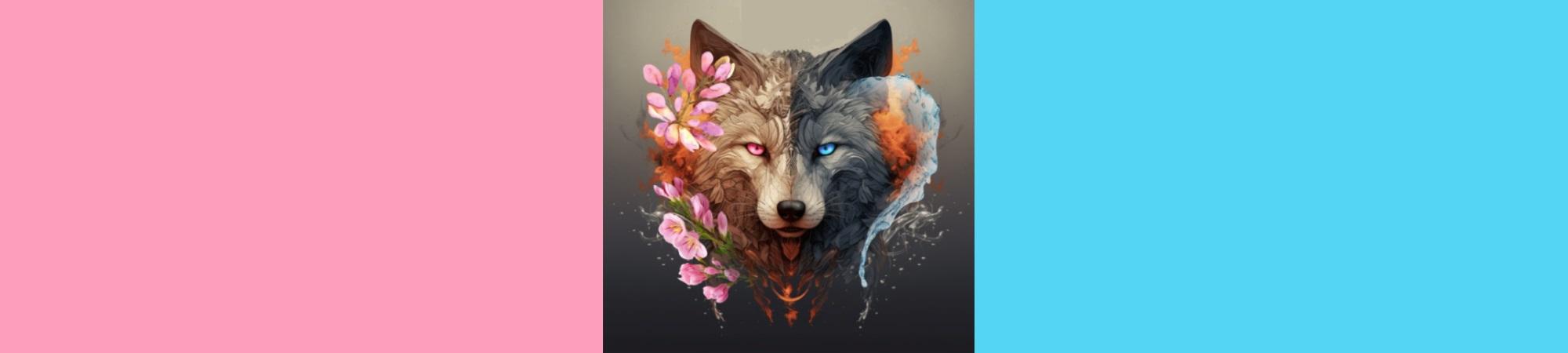 A picture of a wolf, bilaterally colored pink on the left and blue on the right.