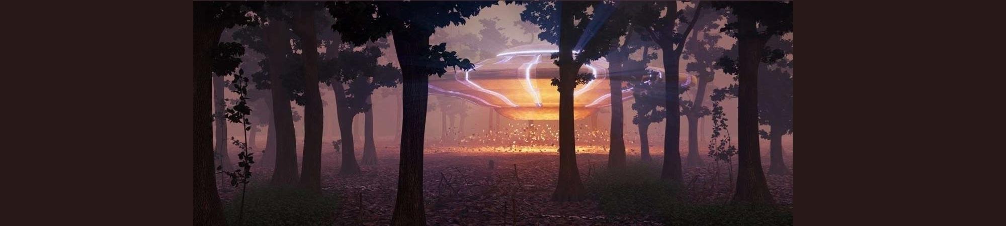 Glowing golden UFO in woods at night