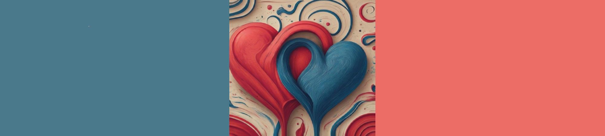 Sculpture of a red heart and a blue heart intertwined.