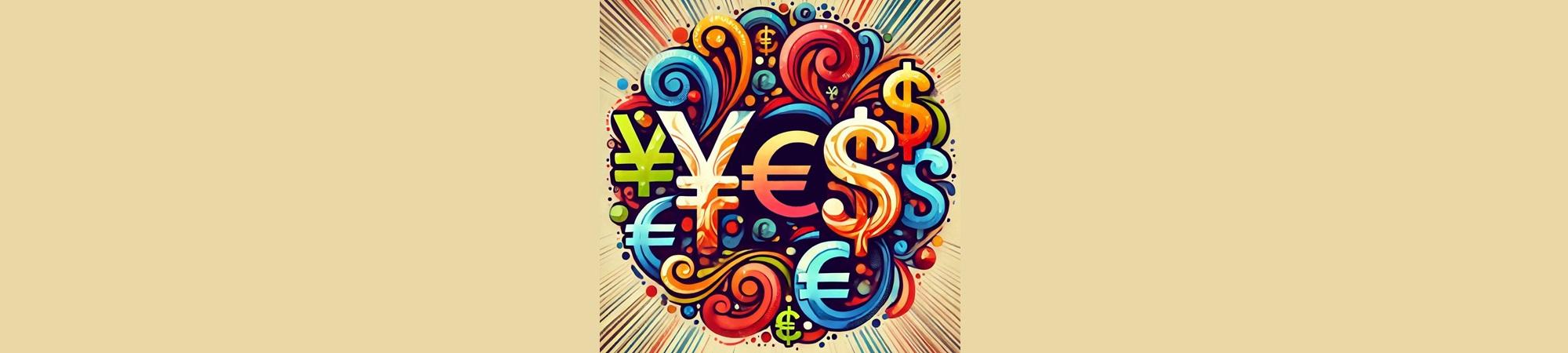 Colorful graphic with Yen, Euro and Dollar symbols.