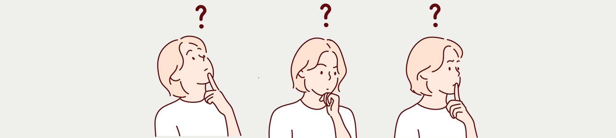 Three cartoon women pondering questions about resolutions. 