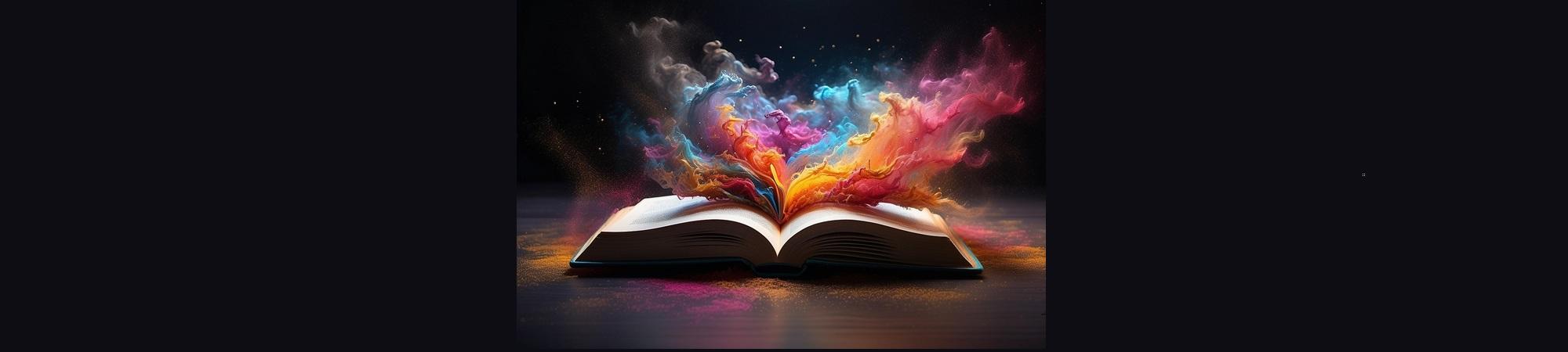 Words exploding from an open book