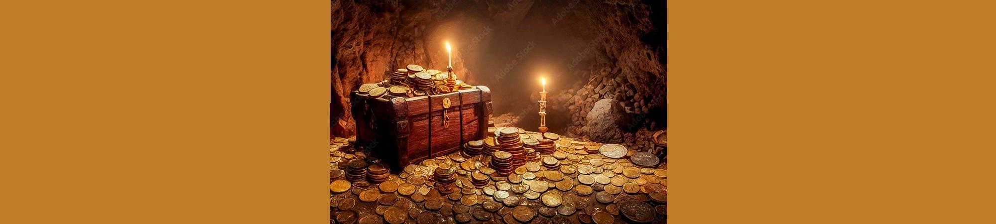 Treasure chest and gold coins. Candles in dark. 
