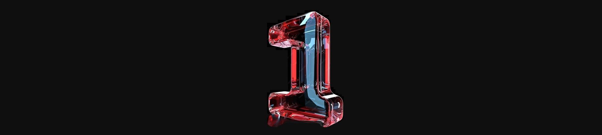 Large transparent colored numeral ONE.