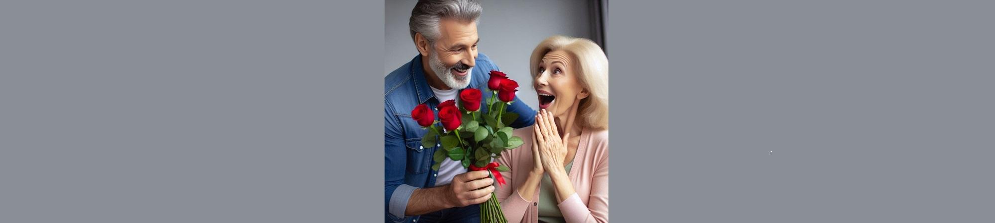Man gifting roses to delighted woman