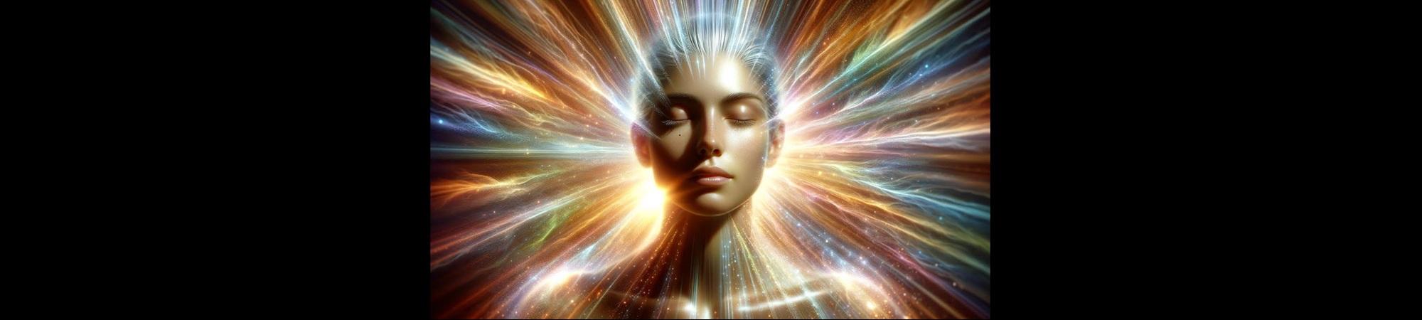 Woman meditating with colored streams of light