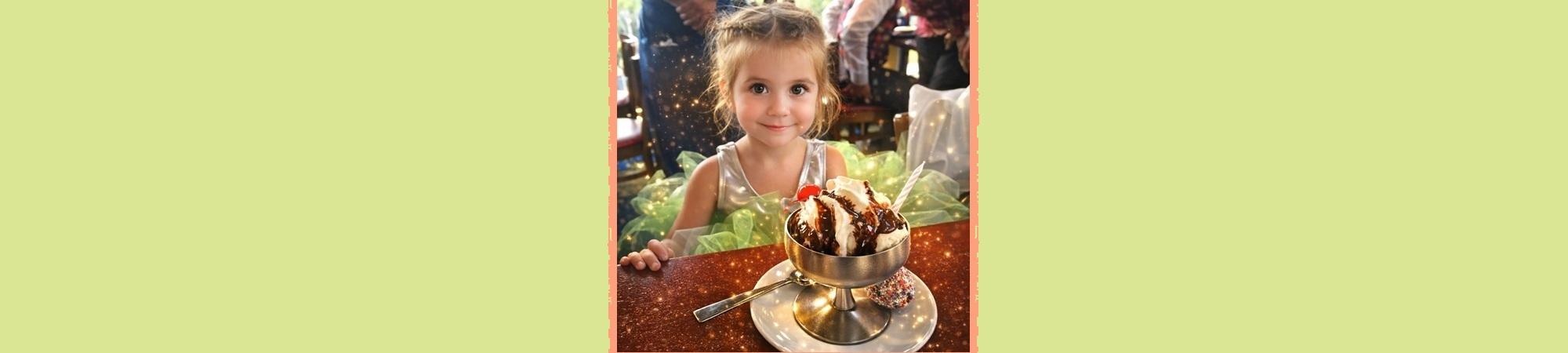 Girl child anticipating a large ice cream sundae